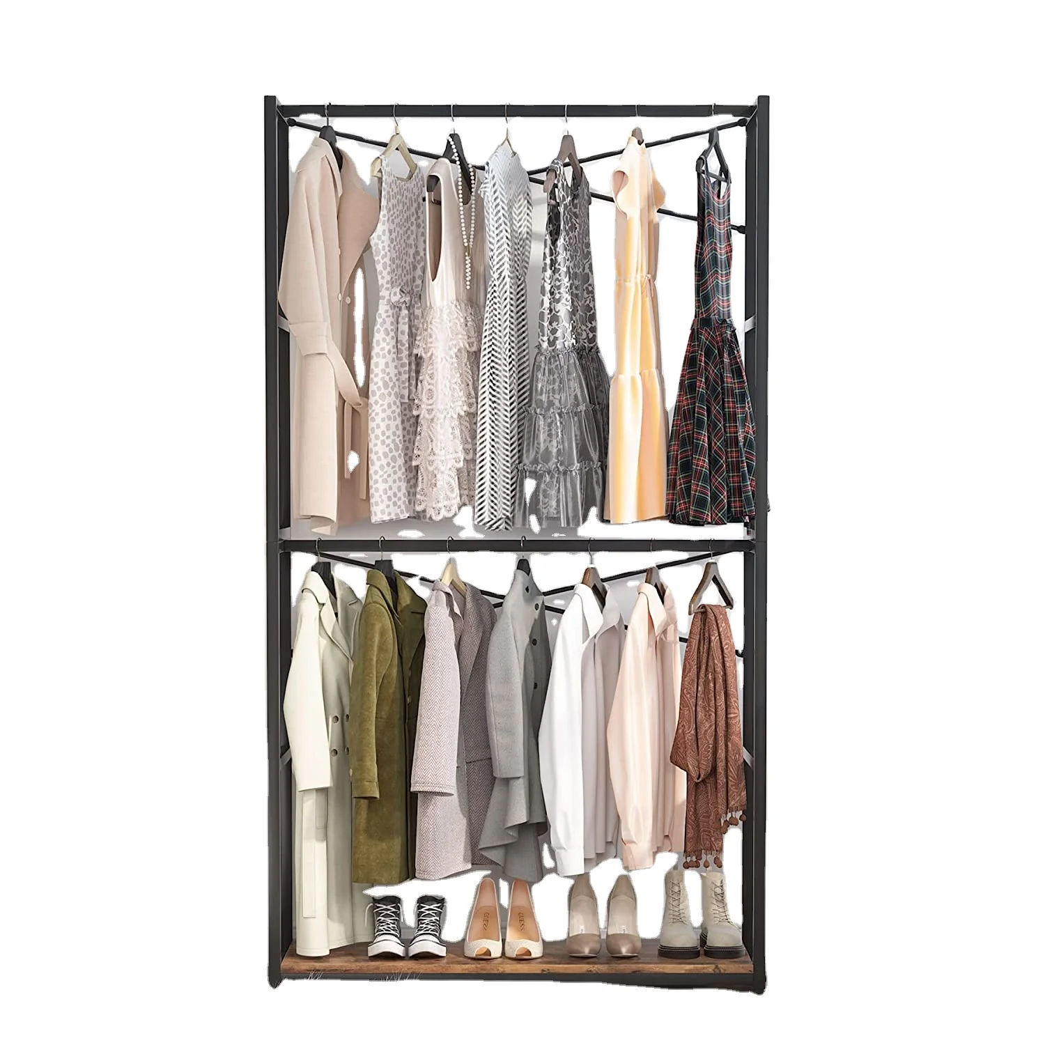 Free-standing Closet Organizer Double Hanging Rod Clothes Garment Rack Large Wardrobe Clothing Storage Closet System