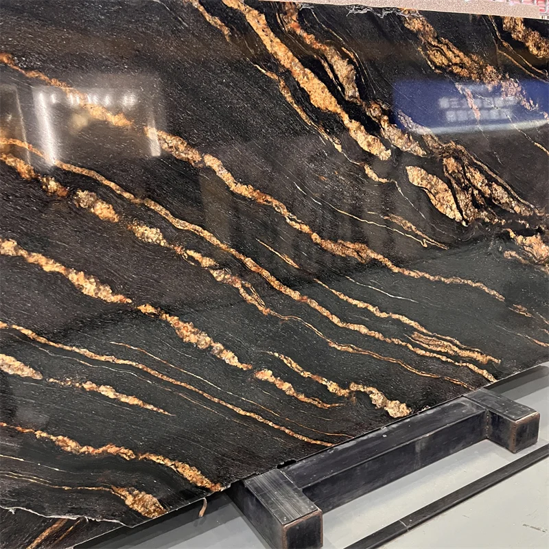 Luxury Good Quality Polished Black Gold Quartzite Slab For Interior Wall Decor Black Gold Granite Kitchen Countertop