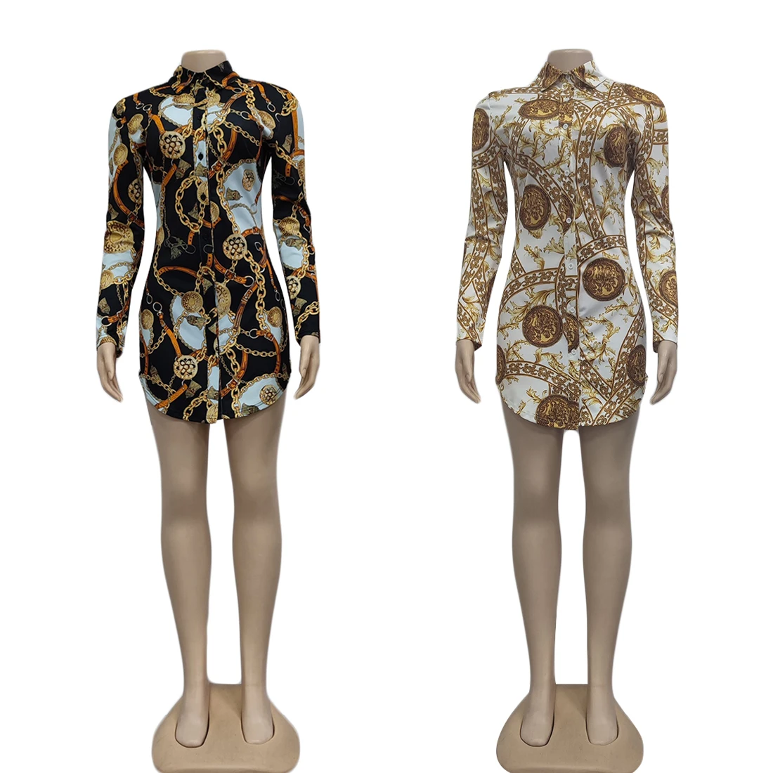 
2021 New Arrivals Autumn Clothing Vintage Long Sleeve Chains Printing Casual Women Long Shirts 