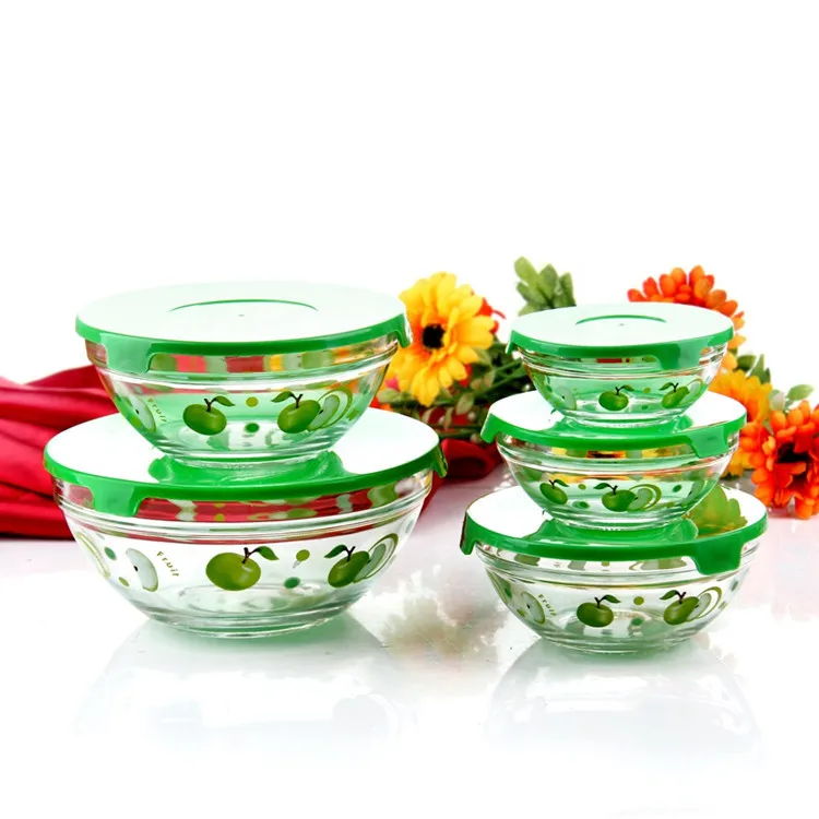  5pcs Hot Sale eco friendly Round Home Clear Heat Resistant With Lid Fruit Salad Food Glass Bowl