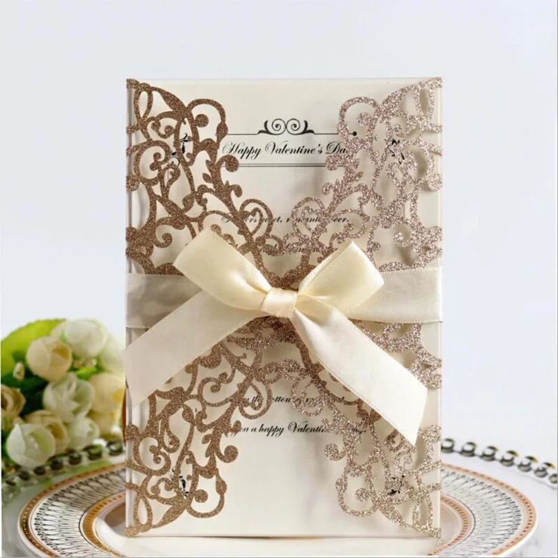 Wedding Supplies Hollow Flower design Wedding Invitation Card Greeting Card with Ribbon