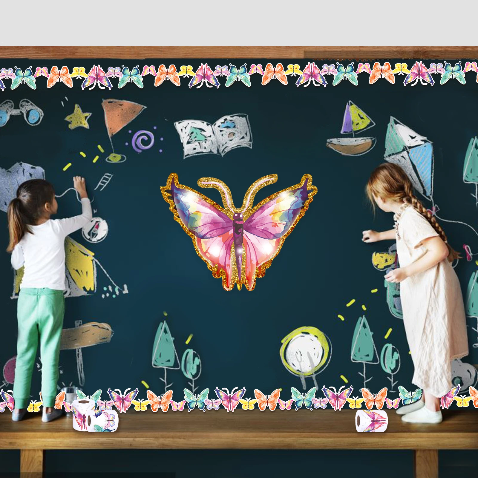 Huancai Spring Butterfly Bulletin Board Border Chalkboard Trim Stickers Roll Self Adhesive Decals for School Party Supplies