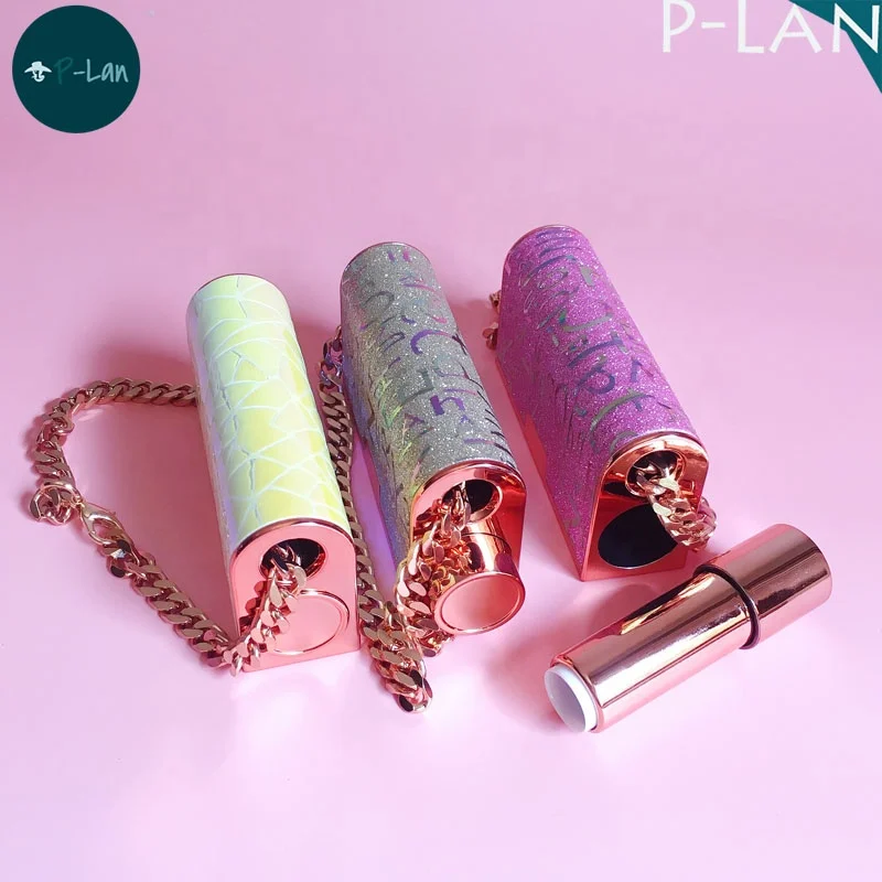 P-Lan Brand Low MOQ 100Pieces Bag Shaped 12.1mm Rose Gold Mini Luxury Lipstick Tubes Cases With Mirror And Chain