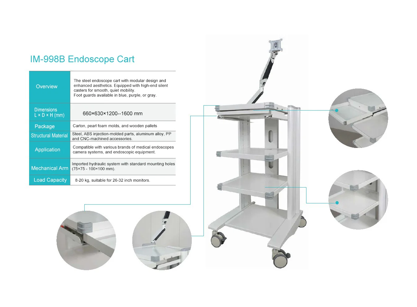 Advanced Medical Endoscope Trolley With Hydraulic Arm for 26 to 32 Inch Monitors