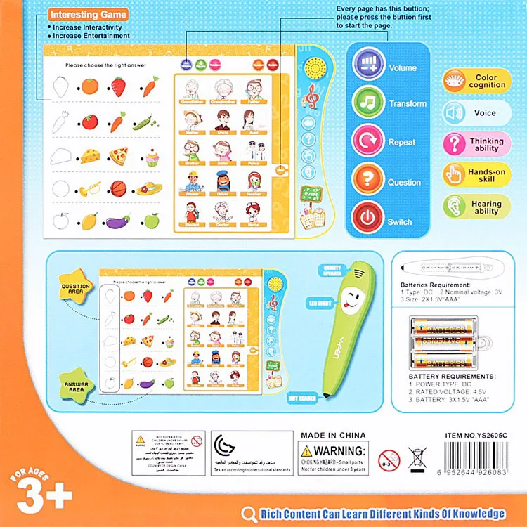Factory Wholesale Price Custom Size Material With Push Button / Reading Pen Talking Kids Sound Musical Books