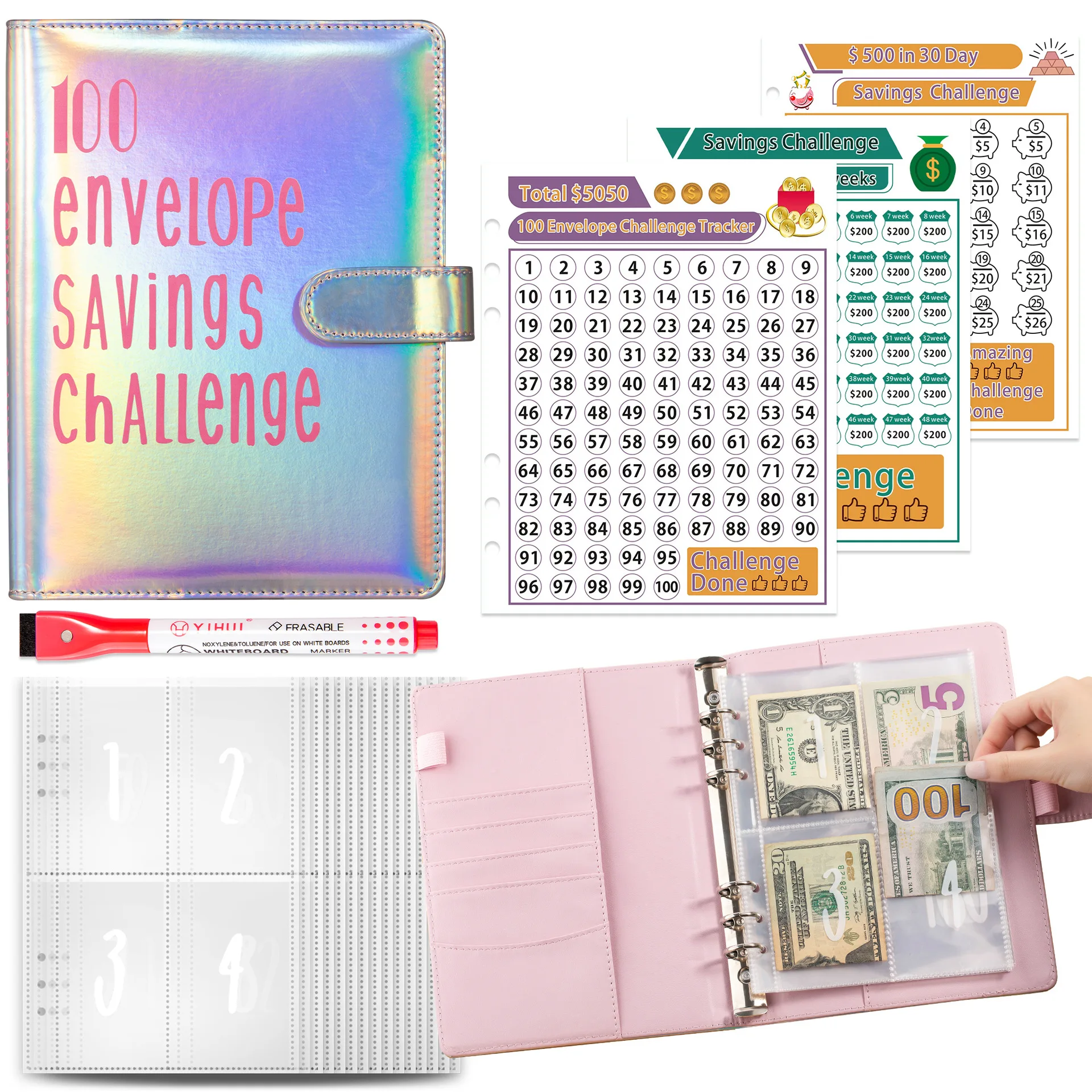 Hot Selling 100 Envelope Savings Challenge Notebook Kit A5 PU Leather Save Money Budget Binder Wallet Filling Set
