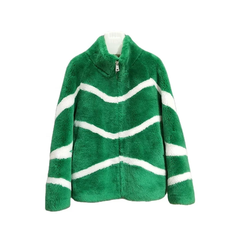JT322 Stripe Design 100% Real Wool Fur Women Oversize Jacket Female Sheep Shearling Overcoat