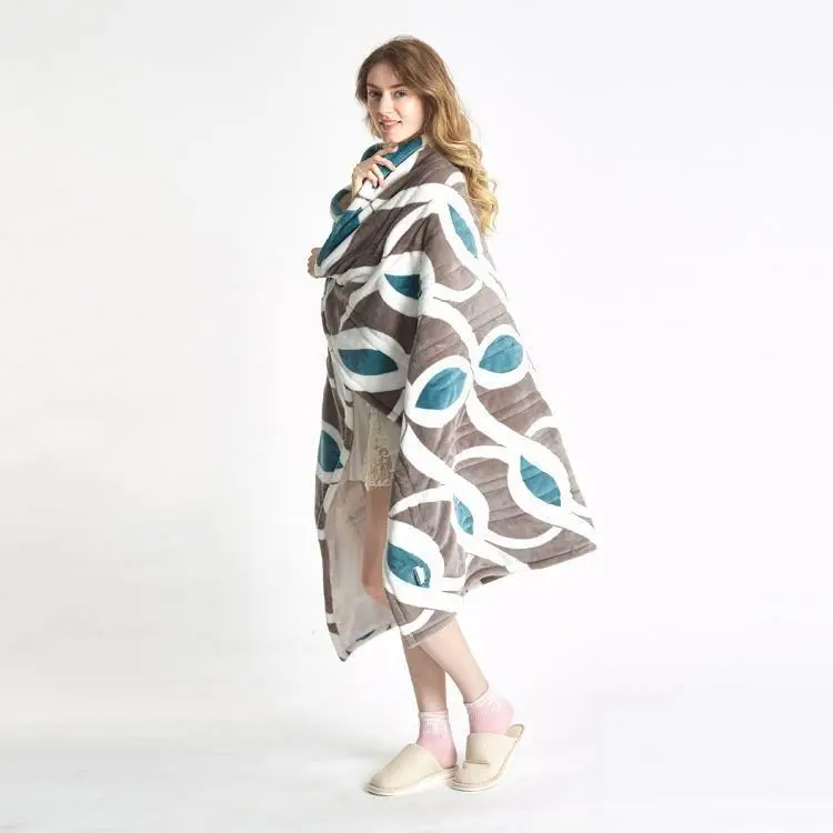 Custom Printing Grey and Green Portable flannel heated electric throw blanket