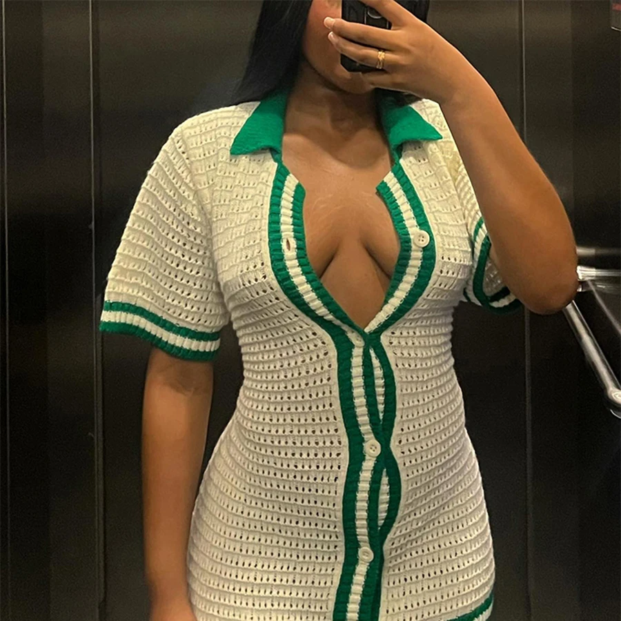Kliou W23D32587 Knitted Panelled Bodycon Mini Dresses Patchwork Slim Dress Short Sleeve With Buttons Women Casual Dresses