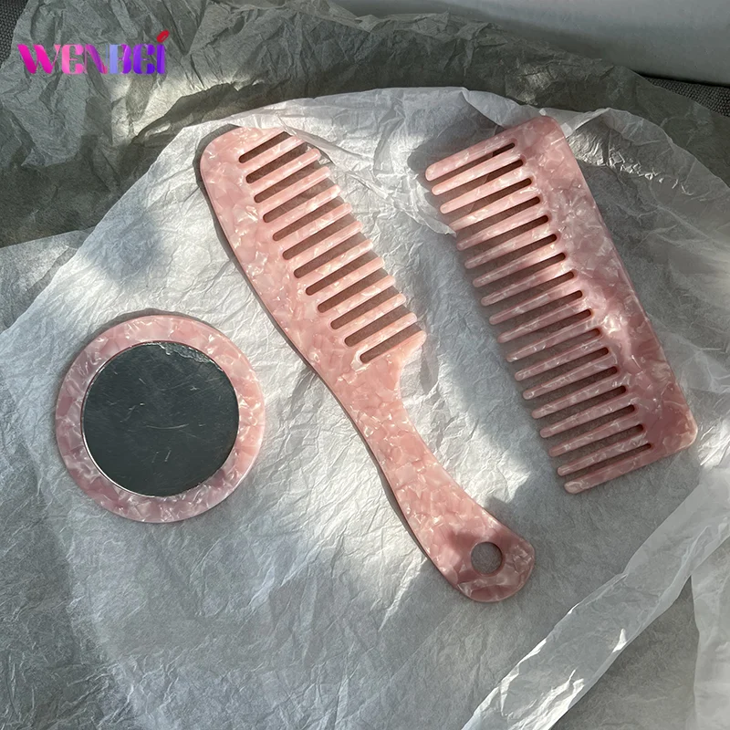 High-end Korean Pink Series Acetic Carry Makeup Mirror Bangs Hair Comb Set for Women