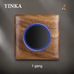 YINKA Solid Wood Aperture Electrical Wall Switch Socket Black Walnut UK EU Socket LED Retro Wood Grain 15 Amp