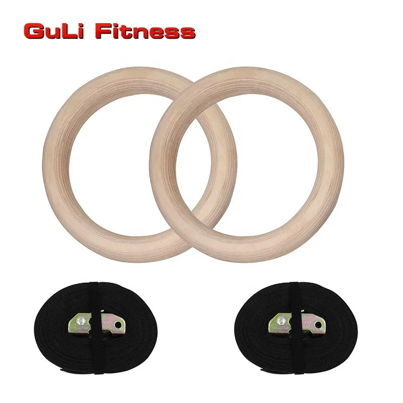 Guli Fitness Wooden Gymnastic Rings with Adjustable Cam Buckle Straps Pull Up Exercise Rings for Home Gym Body Workout