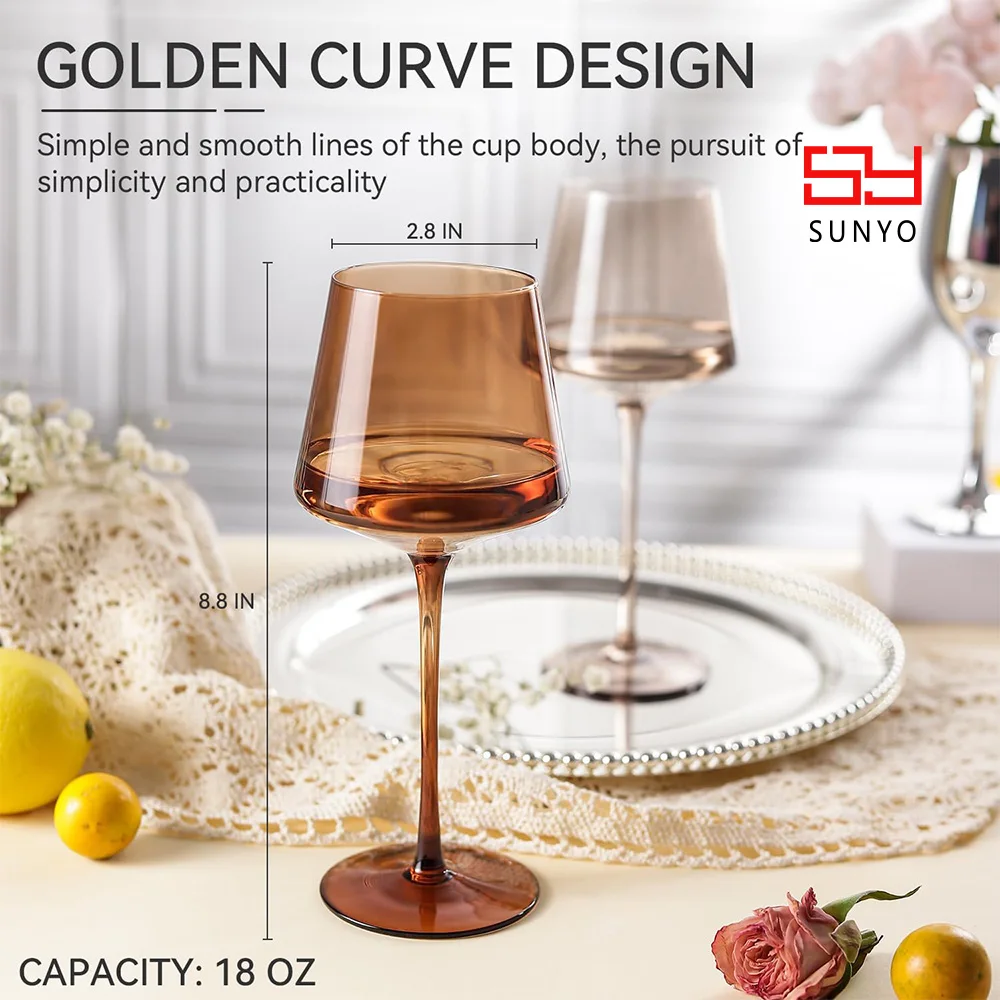 SUNYO 18oz Colored Wine Glasses Set of 6 Handmade Leadfree Crystal Stem-Muticolor Brown Vintage Wine Glass
