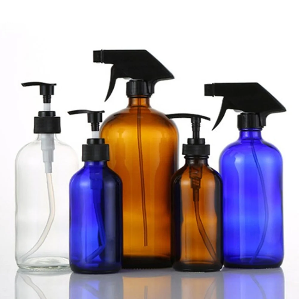 Синий бостон круглая стеклянная бутылка 250 мл 500 мл 1000 мл Пипетка для распыления фармацевтические янтарные стеклянные бутылки