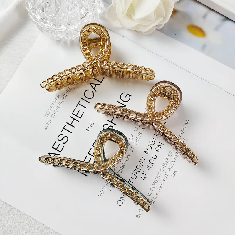 Fashon Girls Head Decoration Oversize Hair Clamps women plastic Claw hair jaw clip  with metal chain claw  hair clip
