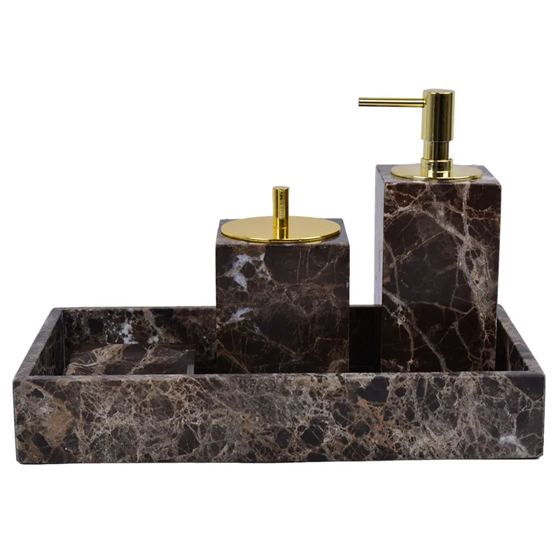 Can customize high quality marble shower bottle tray six piece bathroom set service hotel kettle tray set