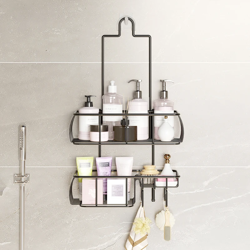 Punch-free No Drilling Wall Mounted Hanging Black Shower Caddy Shelf Organizer Storage Wire Rack over Head for Bathroom Bath