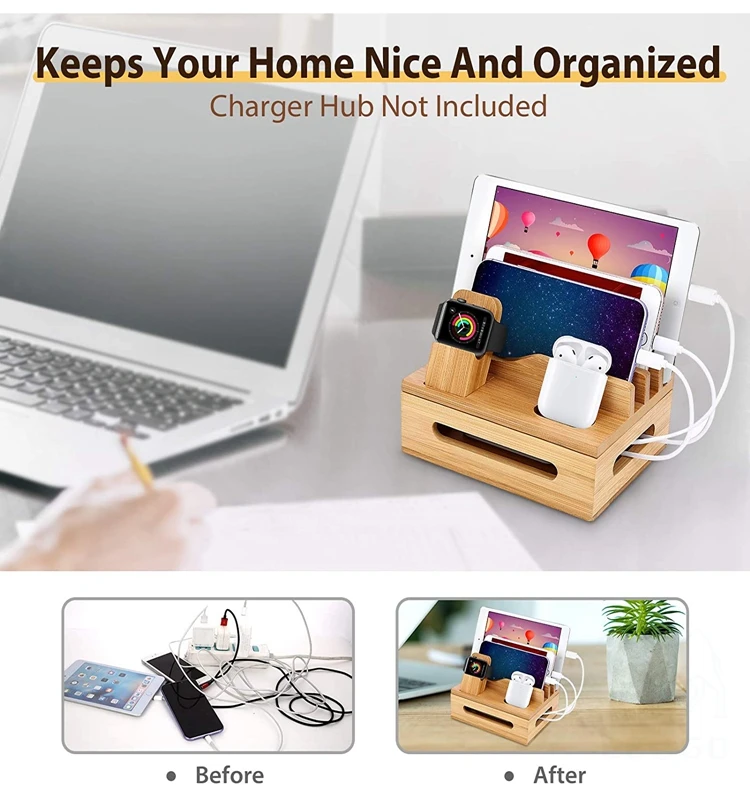 Bamboo Charging Station for Multiple-Devices Mobile Phone Docking Station Organizer