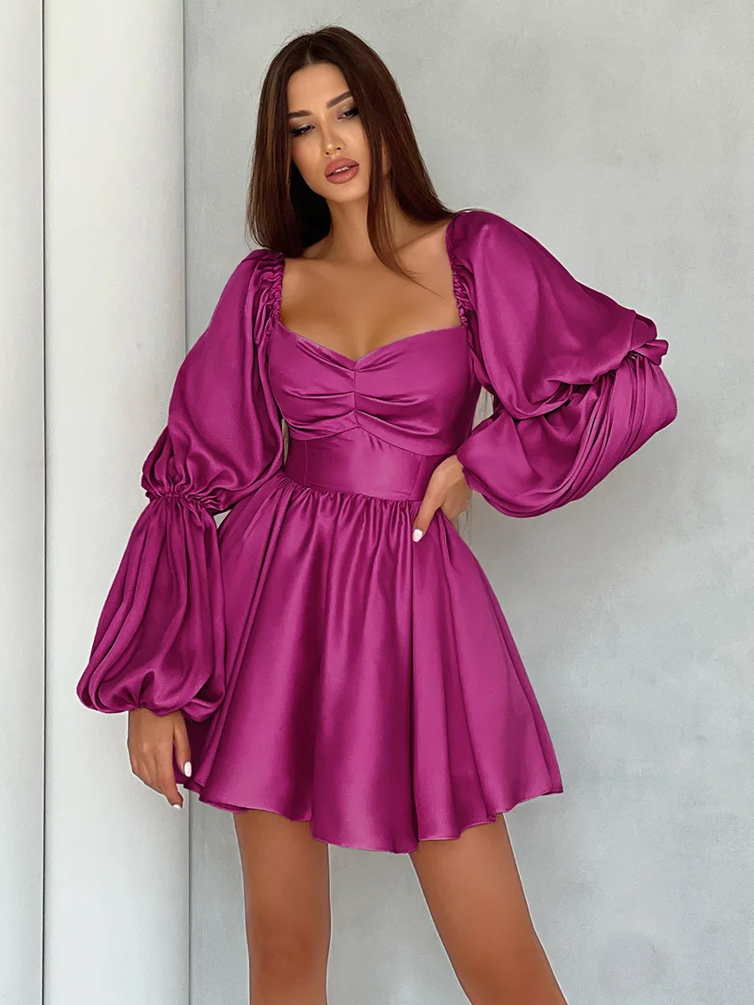 2023 summer dress Sweetheart Neck Frill Trim Dress  Puff sleeve satin Sexy Pink dress women elegant for valentines day gift