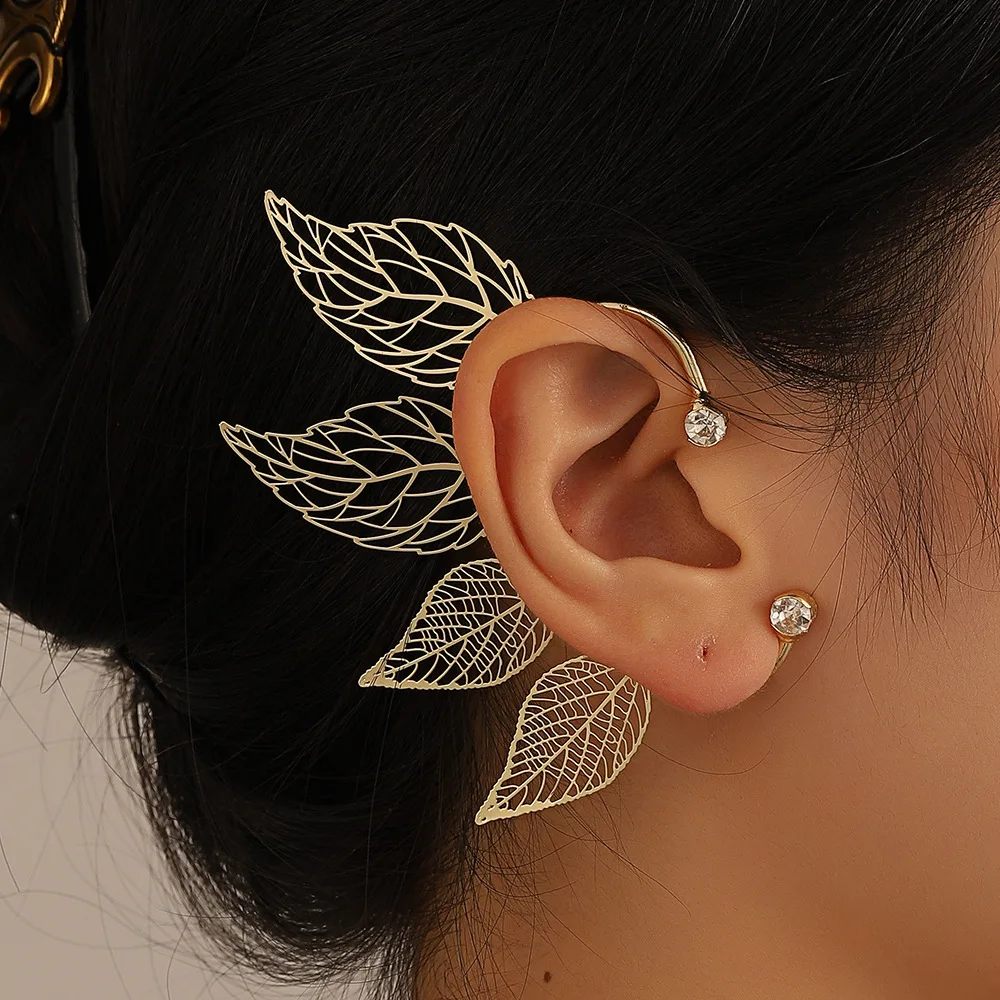 SHOWME Fashion Gold Chic Hollow Leaves Ear Cuff Earrings No Ear Piercing CZ Wings Shape Clip On Earrings for women