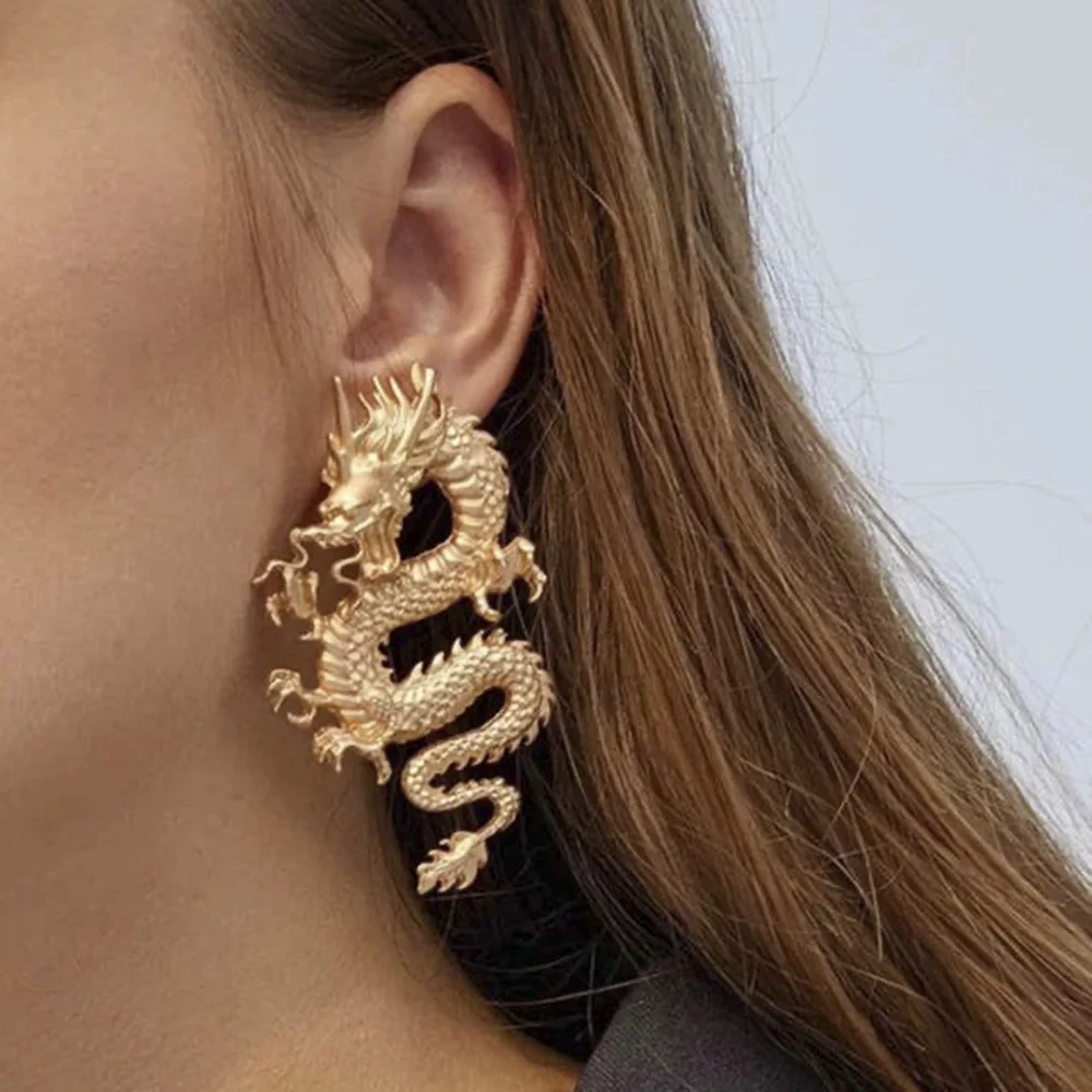 Punk Dragon Stud Earrings For Women Unique Golden Hip Hop Dragon Statement Earrings Fashion Female Jewelry Wholesale