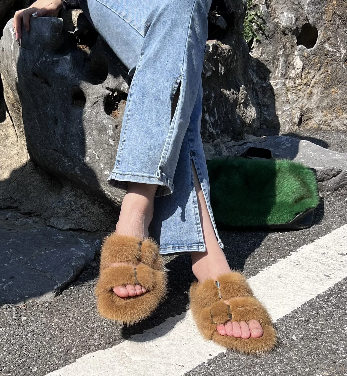 Fashion Full Mink Skin Fur Slippers For Women