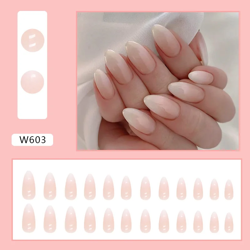 24 Pcs Press on Nails Set Medium Almond Fake Nails with Glue Kit Pink White Gradient False Nails Designs Acrylic Tips for Women