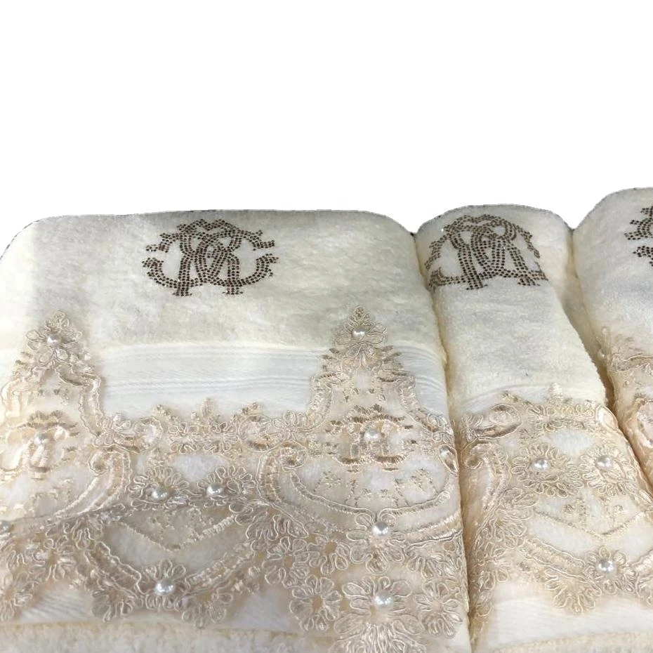
cream beige color lace sequins 100% cotton embroidery lace towels 