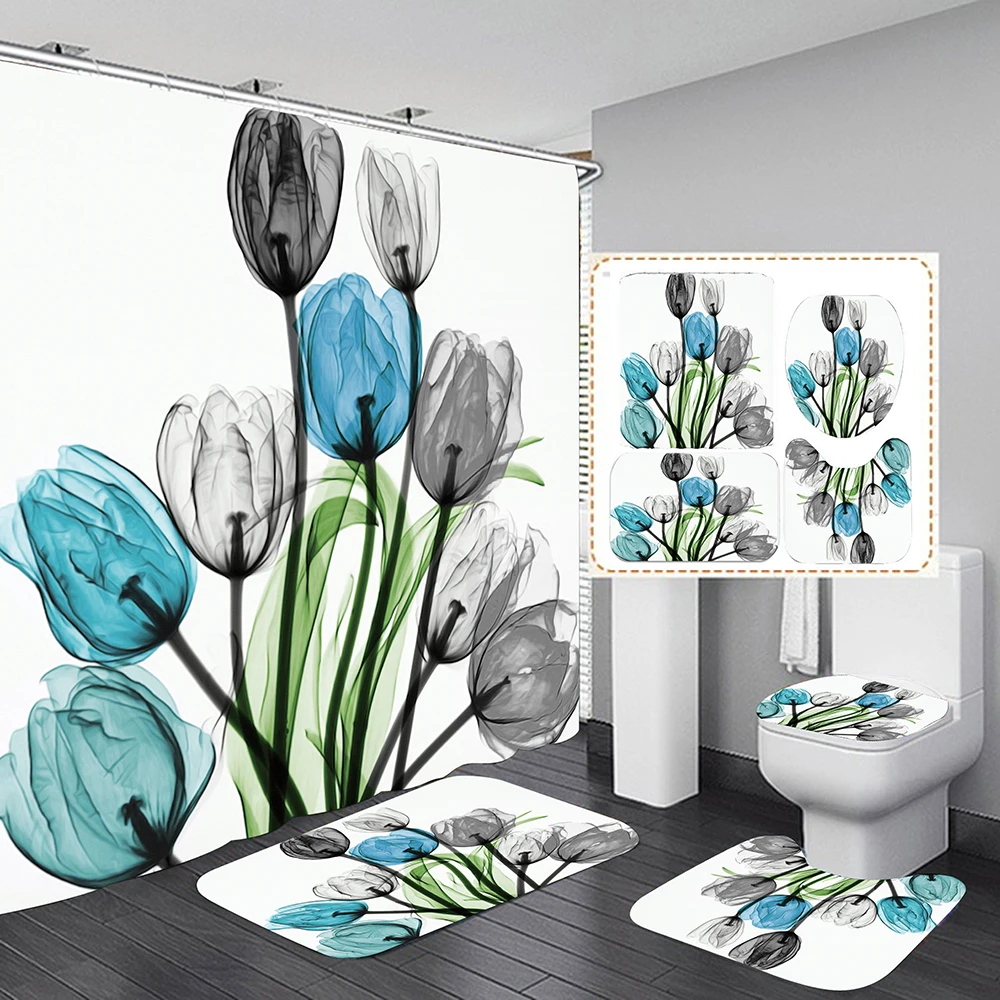 Набор для душа с разноцветными тюльпанами, цветами, натуральными цветами, с ковриком и нескользящим ковриком и крышкой для туалета