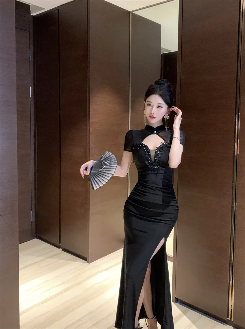 New Chinese Style Cheongsam Tulle Patchwork Beading High Slit Design Sexy Party Dress for Adults and Girls