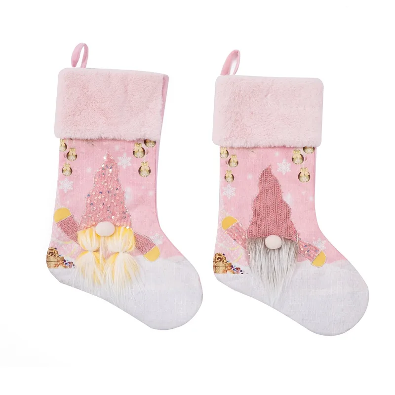 New Arrival Pink Faceless Gnome Decorative Christmas Stocking With LED light Sparkly Socks For Xmas Party Decoration