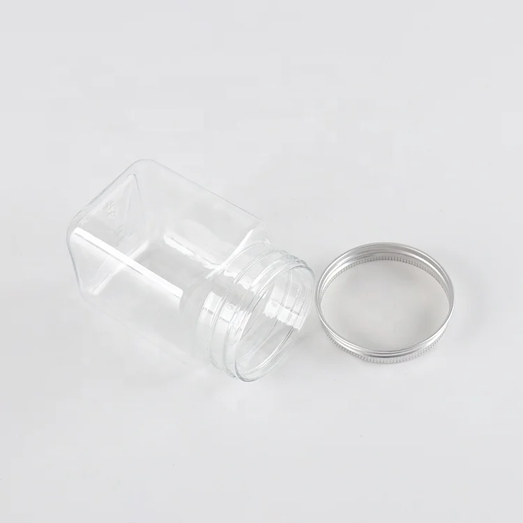 Wholesale bulk sales Different size plastic square plastic jar with aluminum lid for snacks