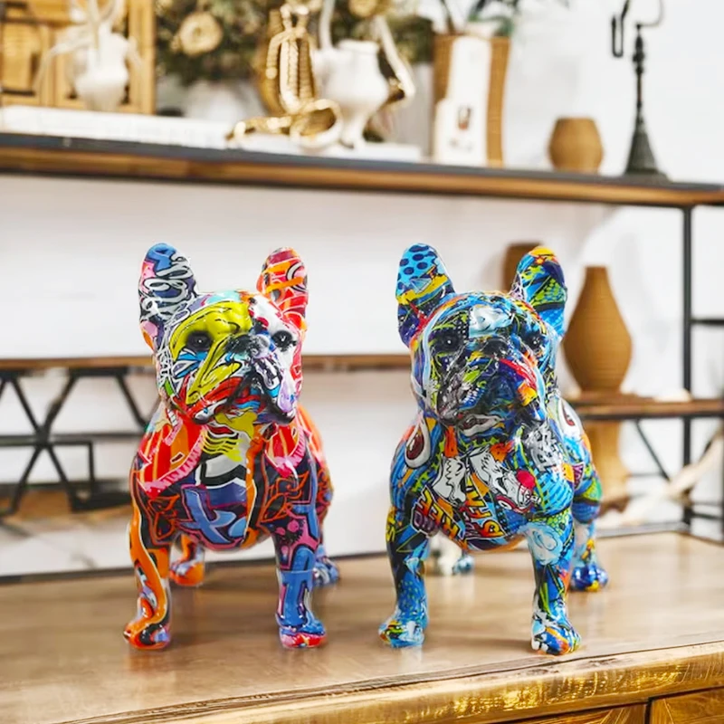 Creative Home Office Living Room Tabletop Artwork Dog Statue Ornaments Graffiti Resin French Bulldog Statue Decoration