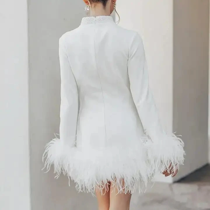 2023 vestidos casual custom designer fashion boutique summer elegant luxury long sleeve white mini dress women with feather