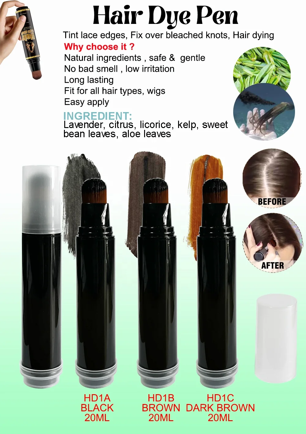 Private Label Semi-permanent Hair Dye Pen Touch Up Root Concealer Correct Over Bleached Wig Knots Black Hair Dye Brush Pen