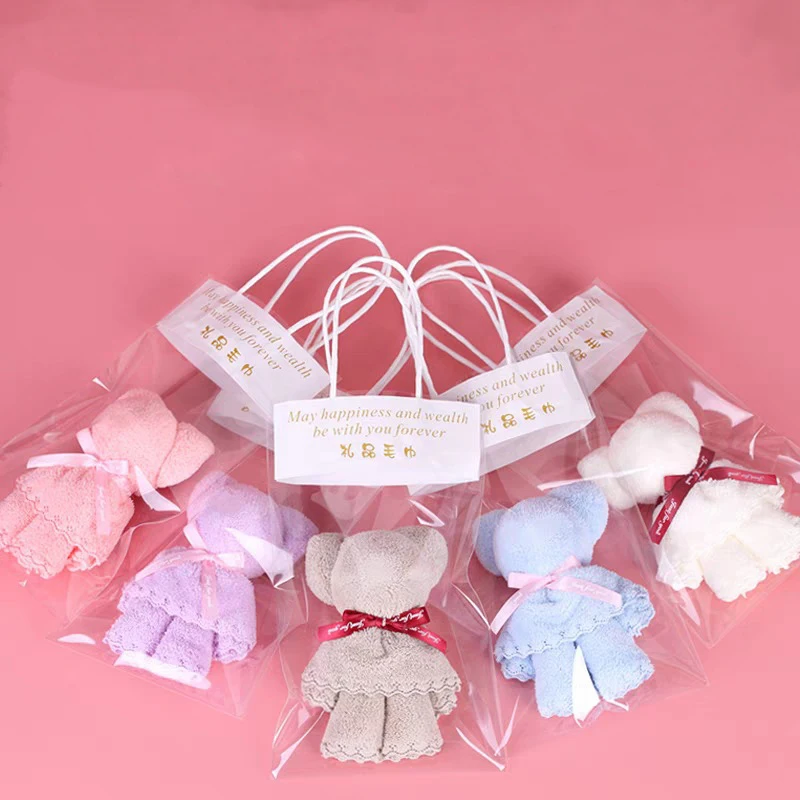 Customized Pink Coral Fleece Towel Solid Color Lovely Bagged Little Bear Towel