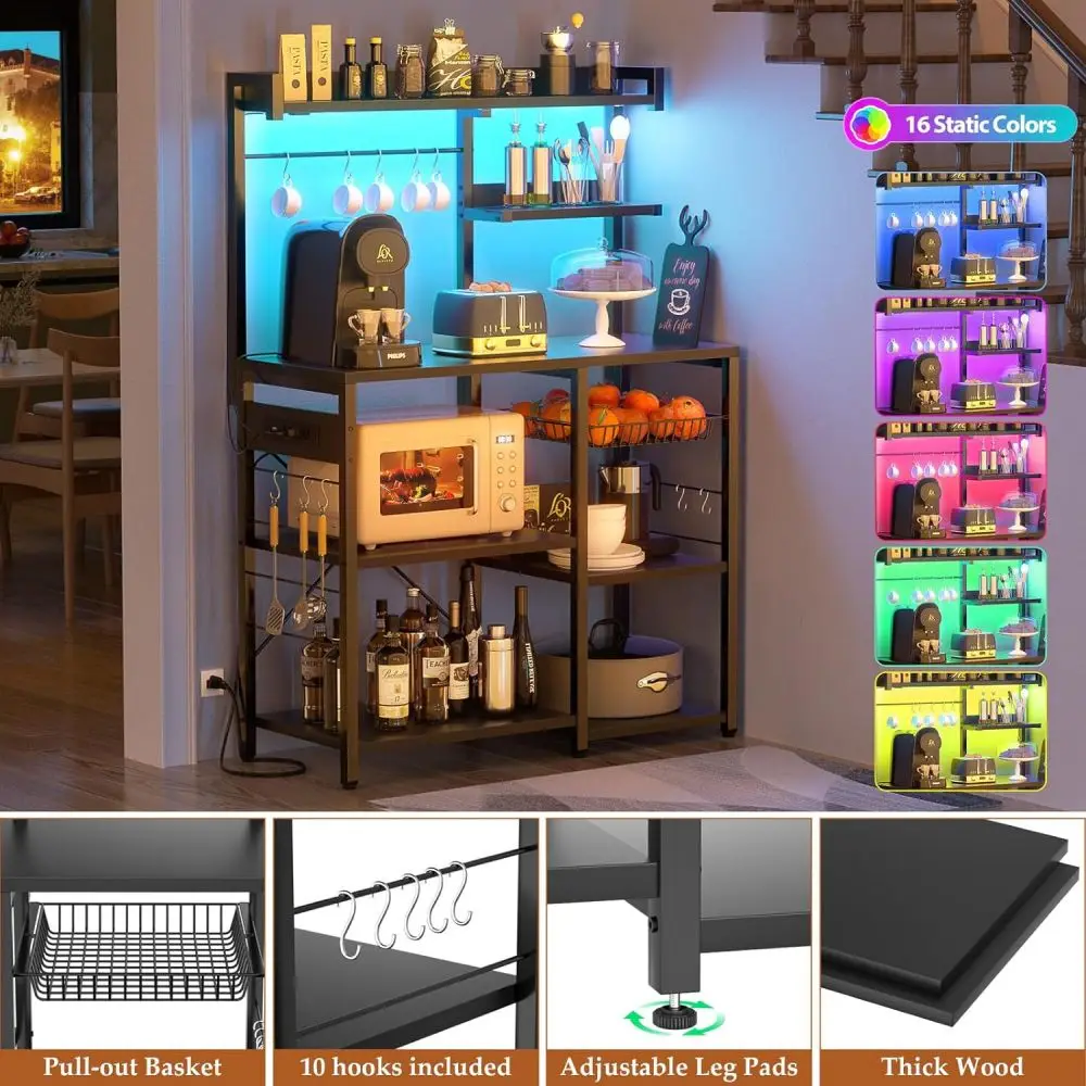 Wood LED Kitchen Island Table Utility Bar Cart Trolley Home Furniture Manufacturer Light Racks Shelves for Kitchen with Charging