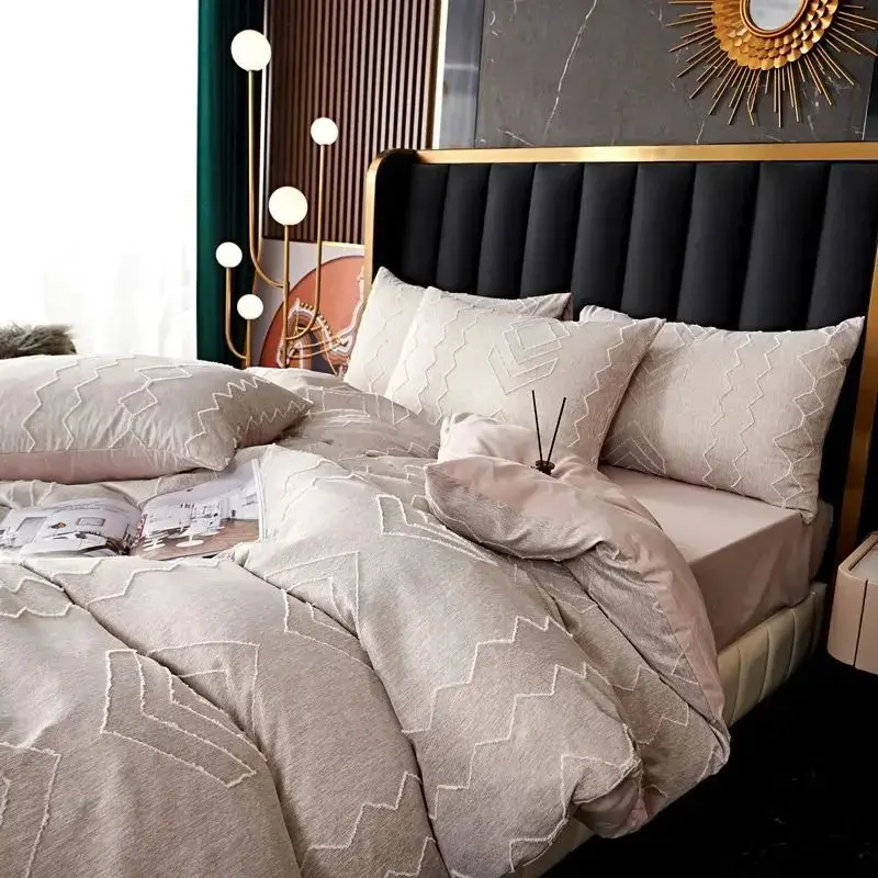 Wholesale Luxury Pure Linen Quality Flax Home Linen Bed Sheet Beautiful Carved Satin Polyester Hotel Bedding Set