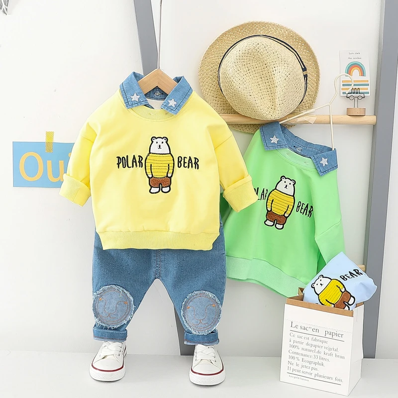 
2020 Comfortable spring bear cartoon cowboy collar two piece baby sets 