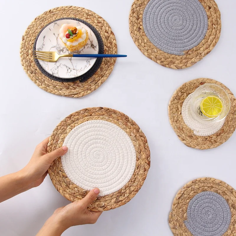 Straw Woven Cotton String Double Placemats Durable Heat Insulation Pads, Hand-woven Dish Mat