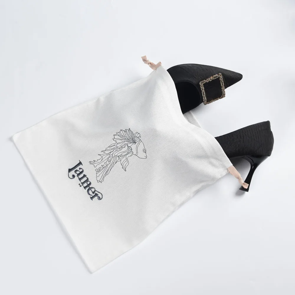 Embroidered Logo White Cotton Drawstring Bag 5 By 8 Inch Phone Cotton Pouch With Custo