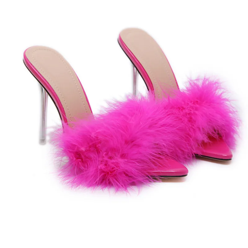 Summer Ladies Shoes pointed furry high heels plus size sandals fur heels for women