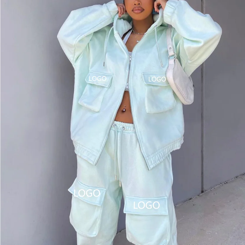 Winter Fashionable Causal Two Piece Clothing Suit for Ladies custom logo zipper Oversize Hoodie and Cargo pant jogger Women Sets