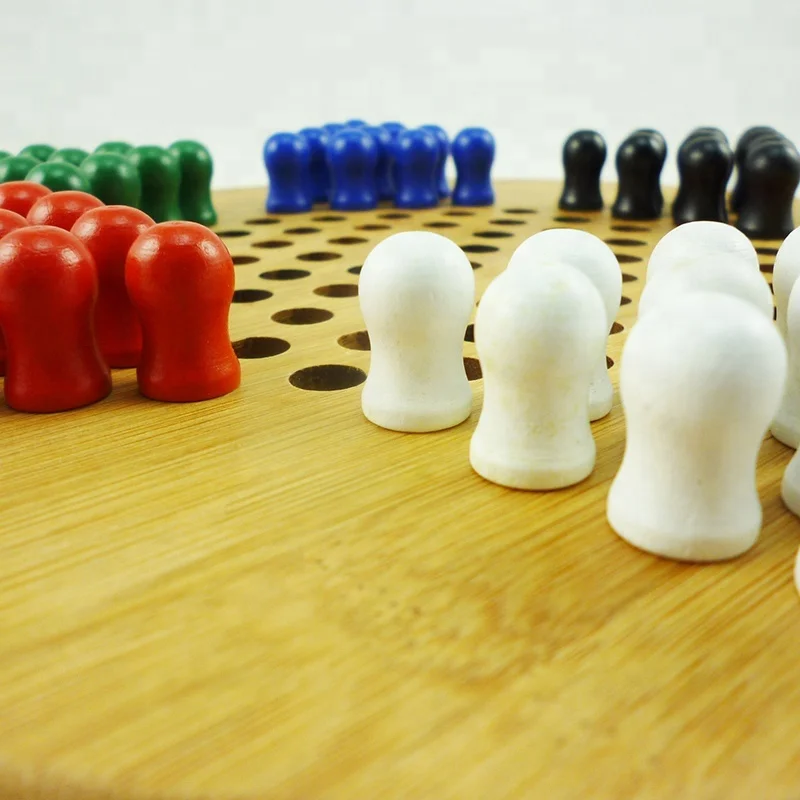 Wholesale wooden hexagonal International colorful piece jumping chess kid puzzle board game set
