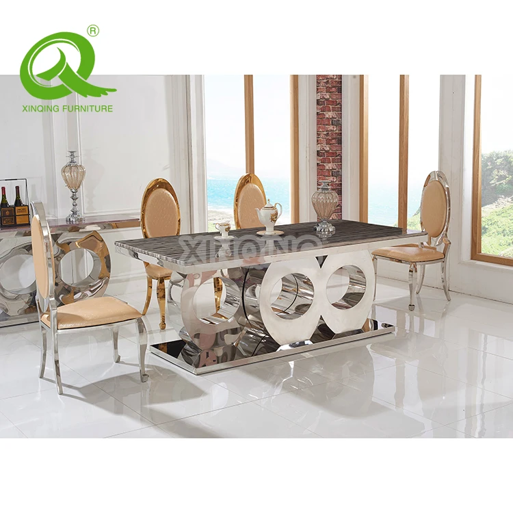 Fashion design stainless steel  base marble top dining table set