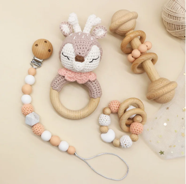 wholesale baby wooden rattle crochet elephant design baby rattle crochet wooden silicone beads