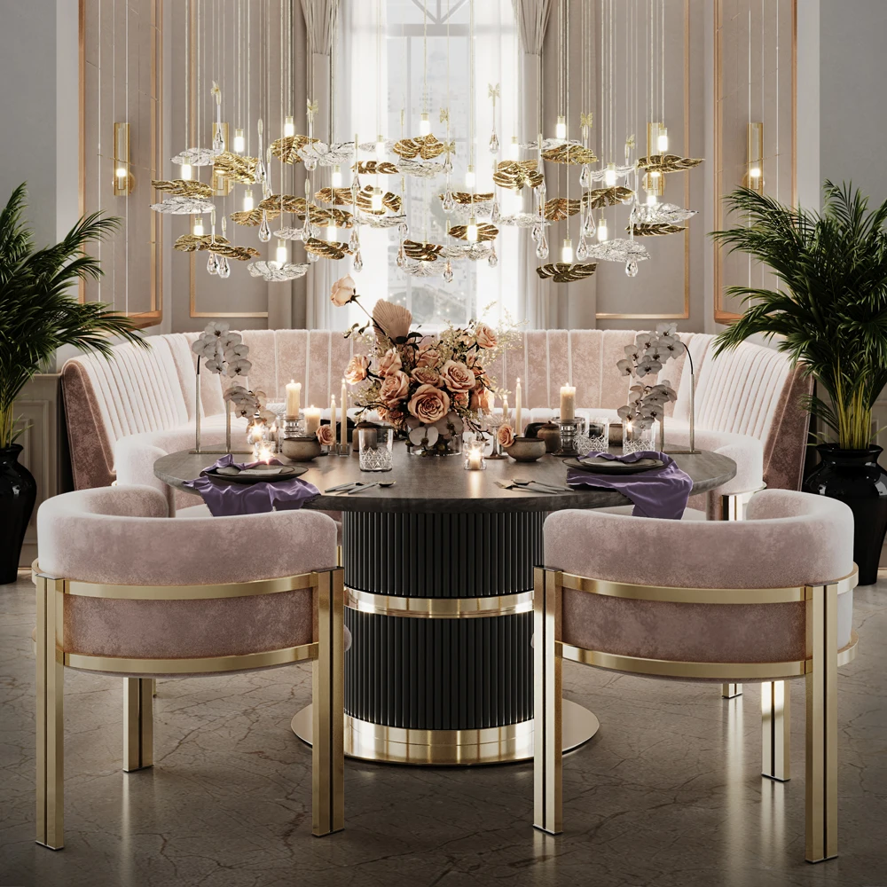 Luxury Gold Stainless Steel Accent Chairs Furniture Velvet Upholster Round Modern Ribbed Veneer Dining Armrest  For Home Hotel