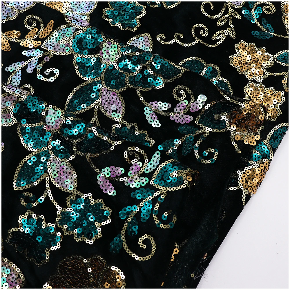 high-quality embroidery fabric with a rich and intricate floral pattern Velvet sequin embroidery fabric