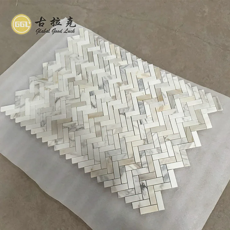 Customized calacatta gold marble polished fishbone mosaic tile  for wall decor