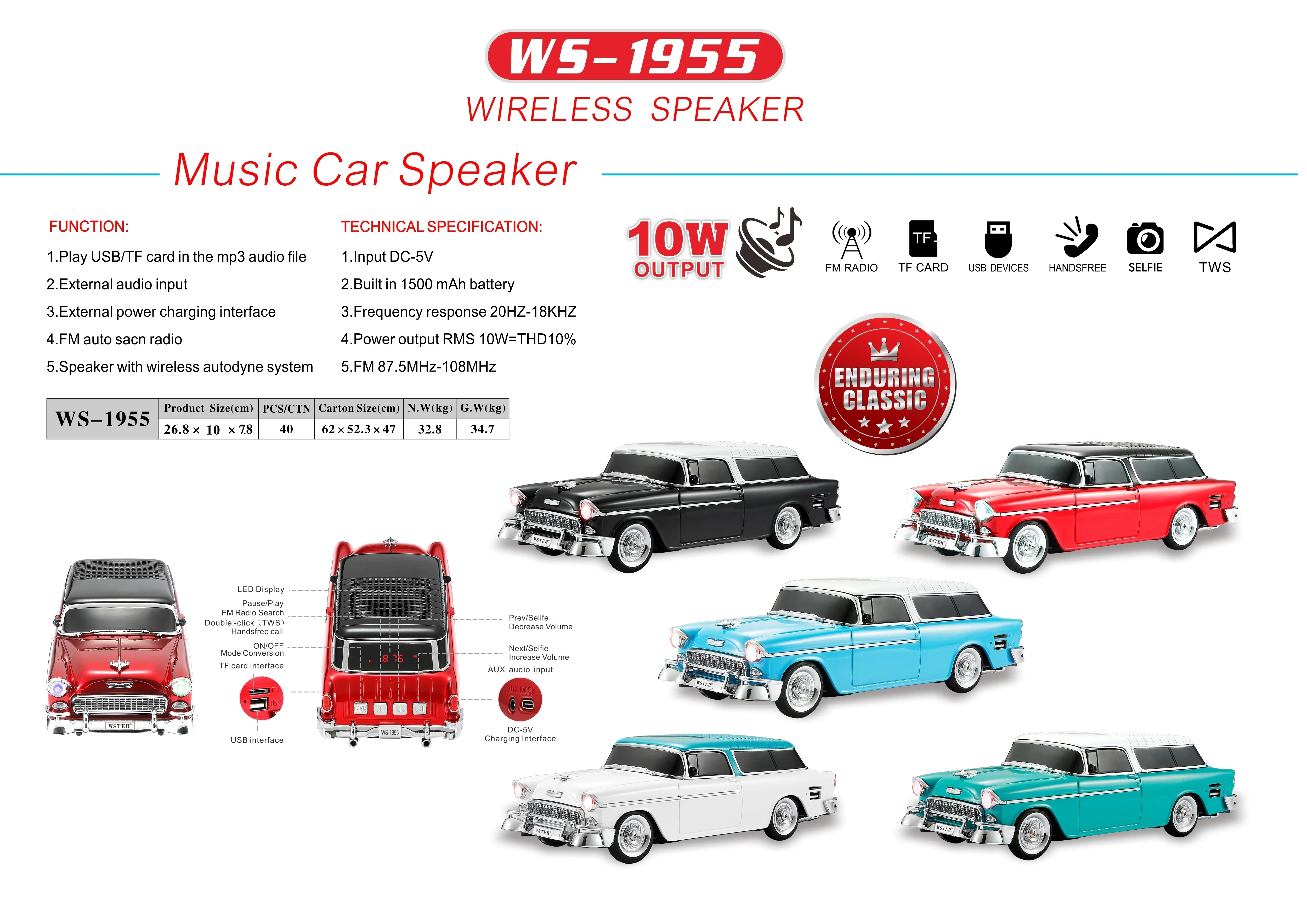 NEW DESIGN WS1955 Portable Wireless Antique Car Karaoke Speaker With FM Radio